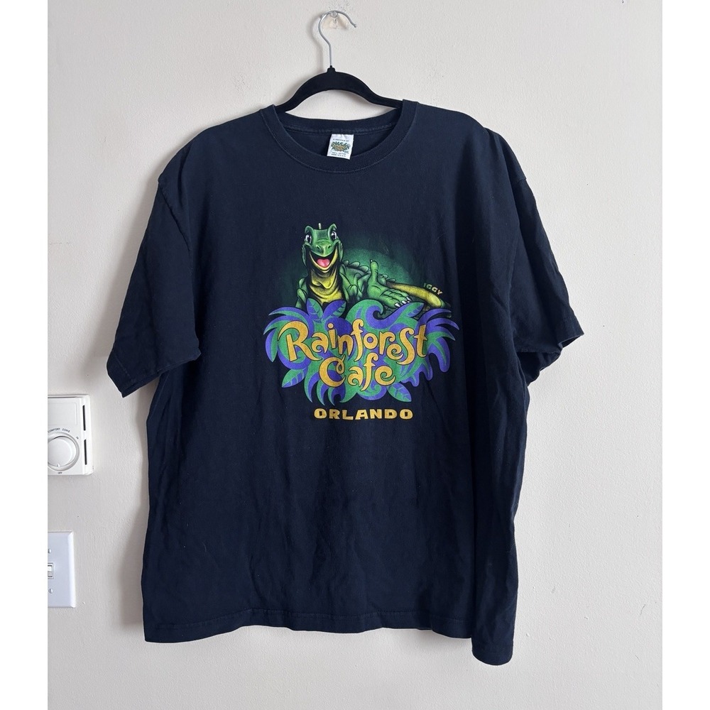 Vintage 90s Y2K XXL USA Rainforest Cafe Souvenir T Shirt Black Iggy Iguana